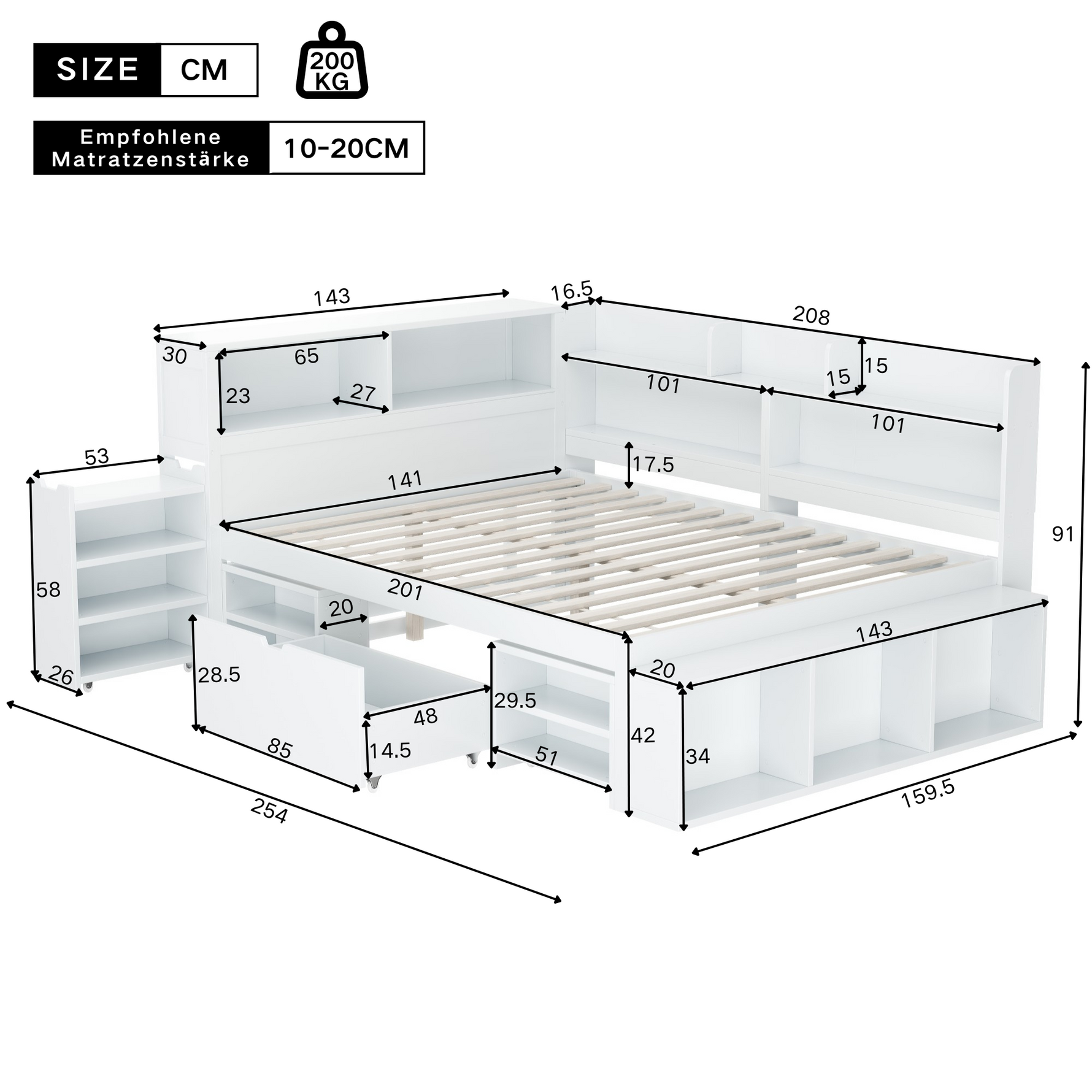 Children's Single Bed 140x200cm Storage Drawers Bookshelf White