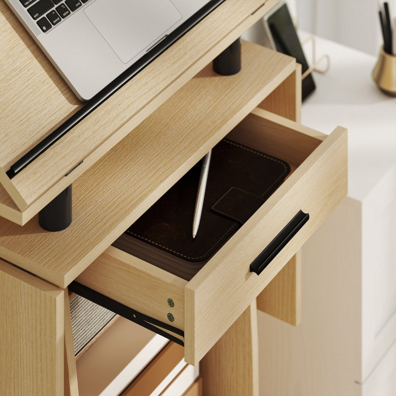 Rolling Podium Stand, Folding Side Wings & Shelves, Oak