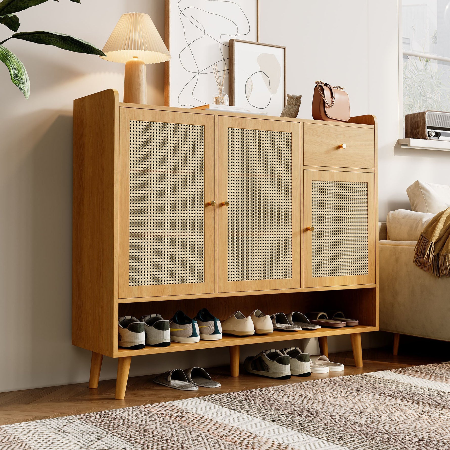 Natural rattan shoe cabinet, 3 doors, 1 drawer, 5 shelves