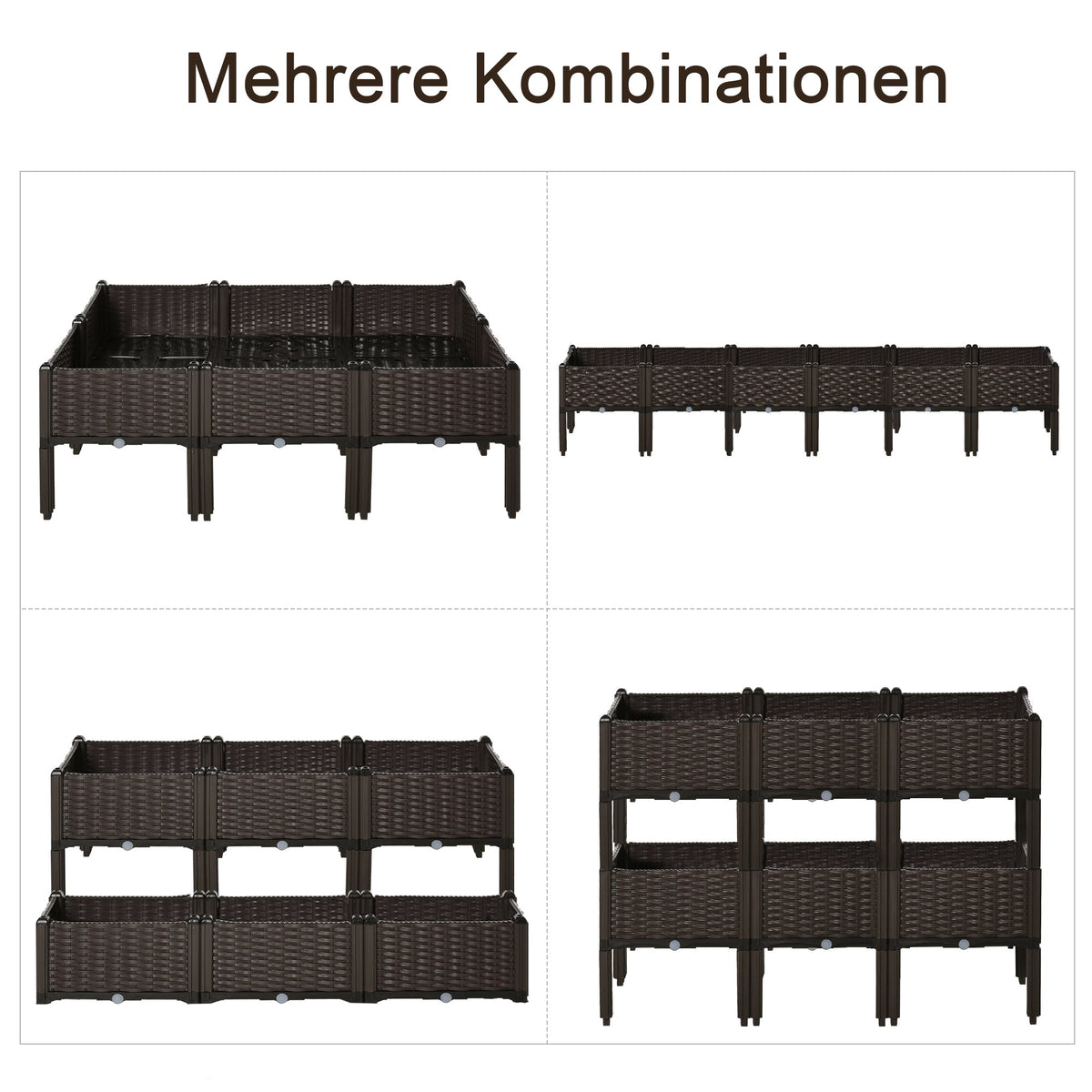 Raised Bed Planter 6-Piece Rattan Look with Drainage Holes Brown