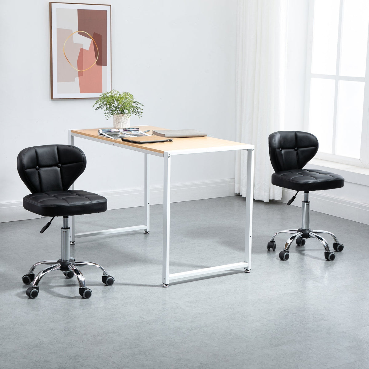 Rolling Stools, Set of 2, Swivel, Height-Adjustable, Dark Grey Faux Leather & Steel