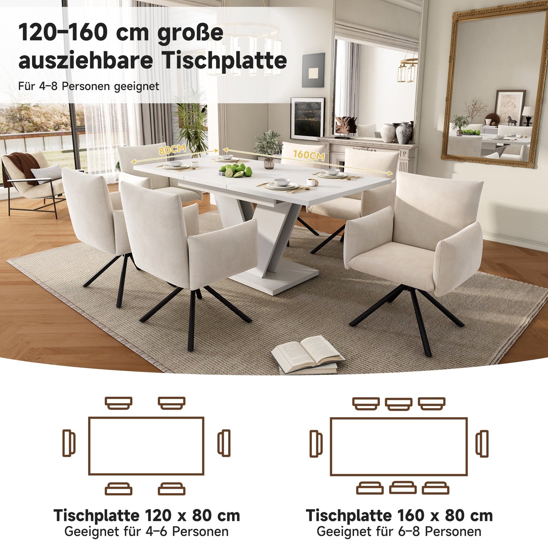 Extendable Dining Table Set with 6 Velvet Chairs and V-Shaped Legs, White and Beige