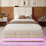 Modern Velour Upholstered Bed 90x200cm Adjustable Headboard USB/LED Hydraulic Storage, Beige