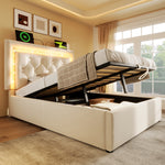 Upholstered Single Bed 90x200cm with LED & Storage, Beige Velvet