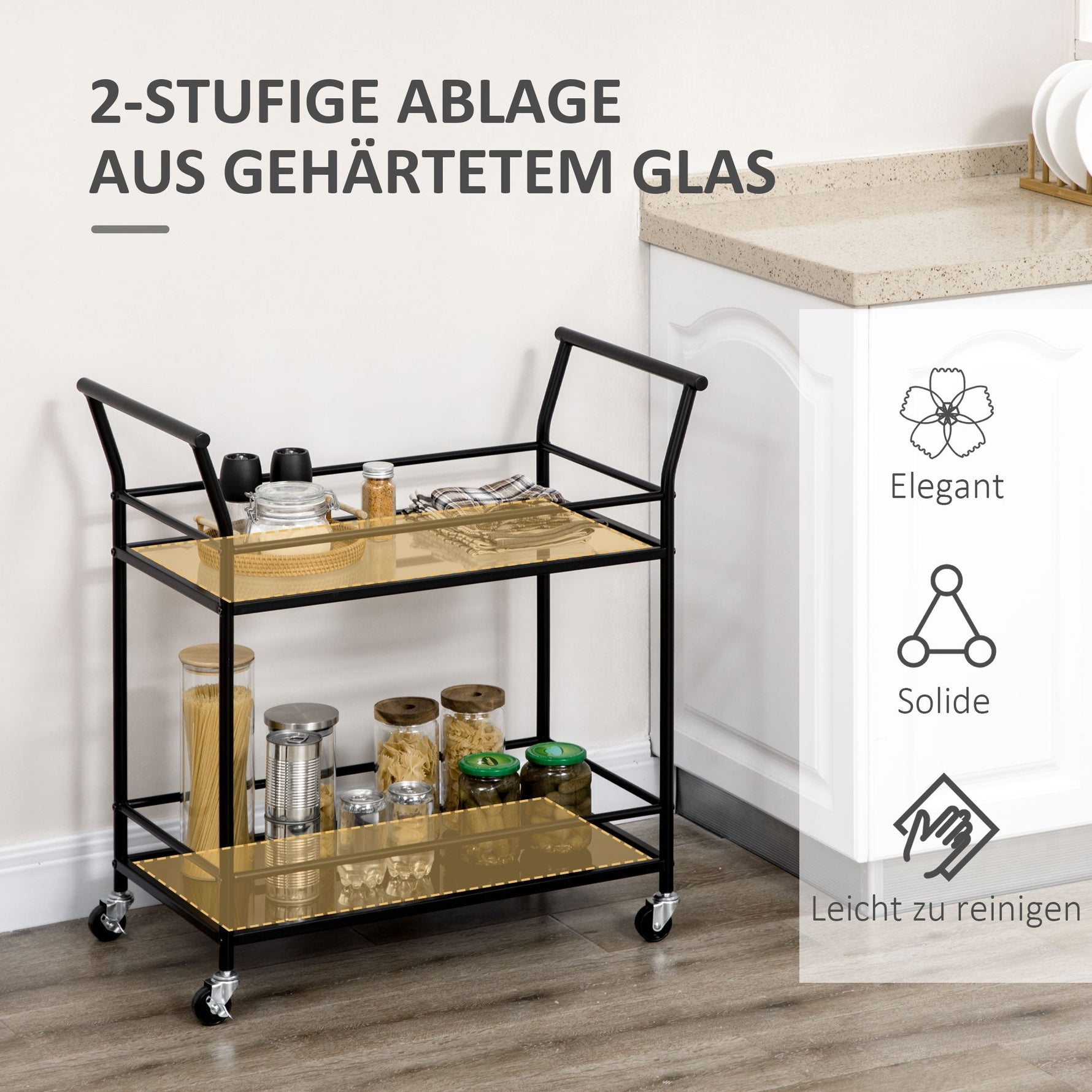 Kitchen Trolley Serving Cart with 2 Shelves and Wheels, Metal Black