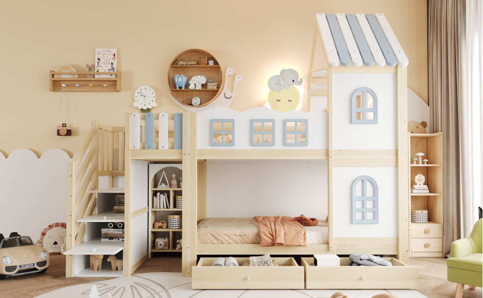 Children's Bunk Bed 90x200cm with Roof & Storage Ladder, White