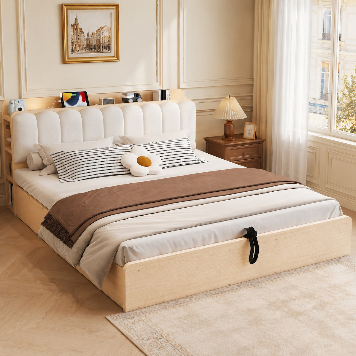 Wooden Flatbed 180x200 with Hydraulic Storage & USB, Wood
