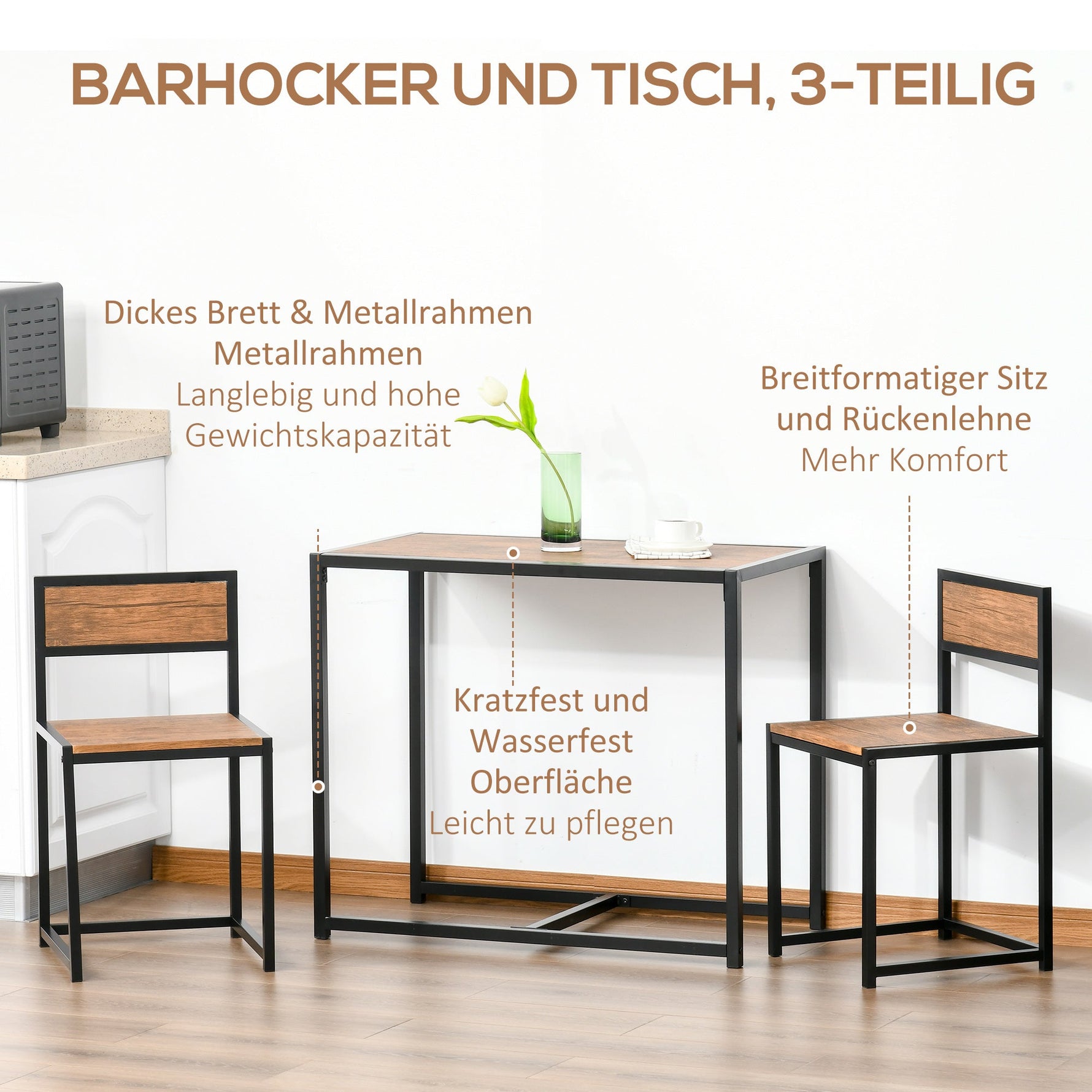 Dining Set with 2 Chairs, Kitchen Table Group, Metal and Natural Wood