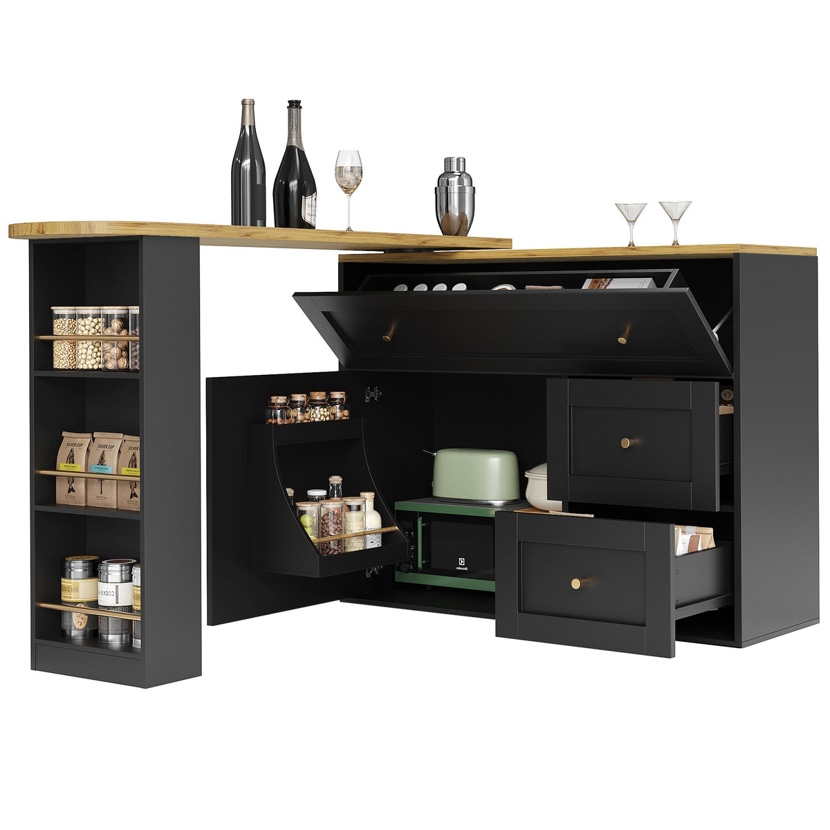 Extendable Bar Table with Storage and Snack Shelf, Black