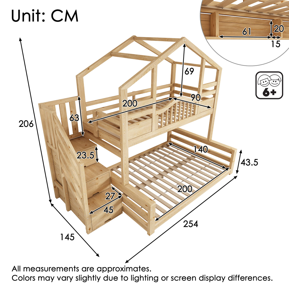 Children's Bunk House Bed 90x200/140x200 with Storage, Natural Wood