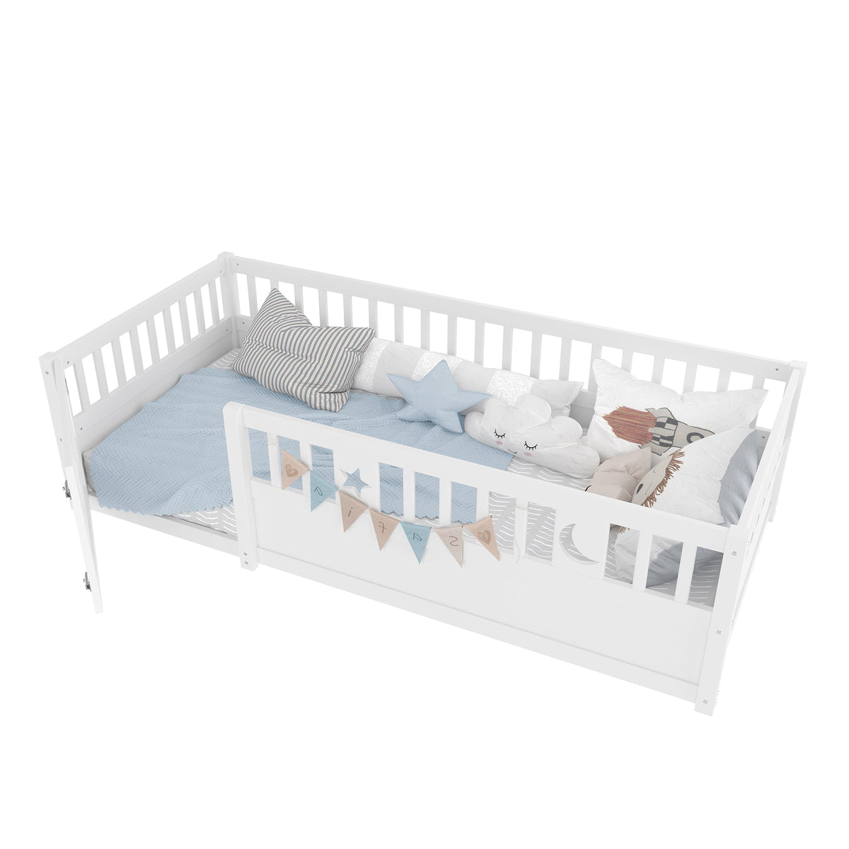 Panel Bed, Children's 90 x 190 cm with Railing Star & Moon Decoration, White