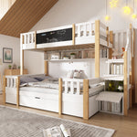Bunk Bed for 3 Children with Storage Stairs and Chalkboard, White Natural Solid Wood