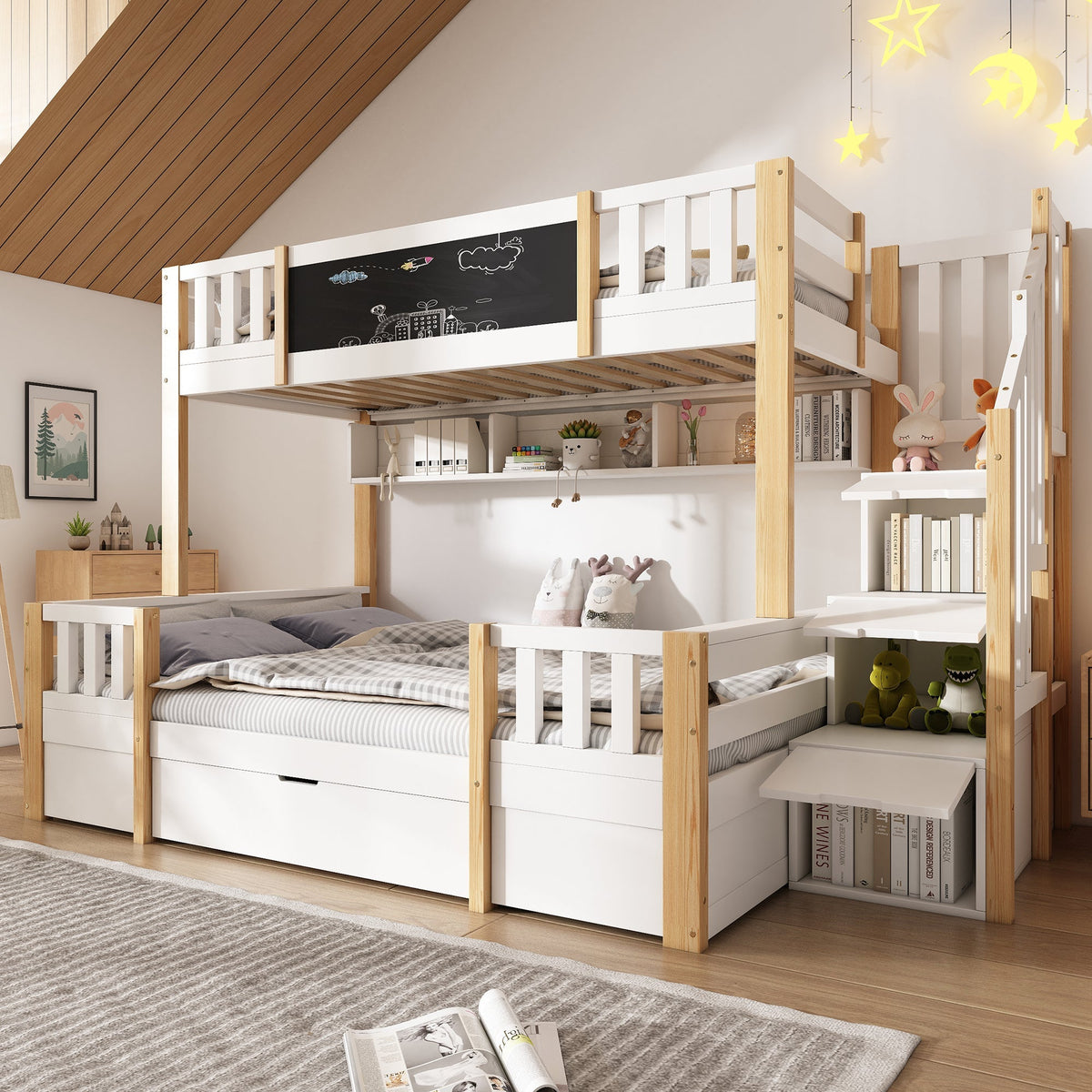 Bunk Bed for 3 Children with Storage Stairs and Chalkboard, White Natural Solid Wood