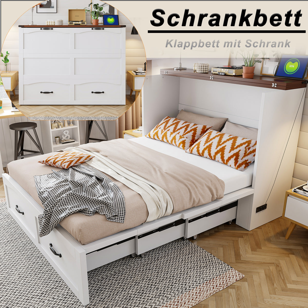 Folding Bed 140x200cm with Storage & Socket, White Metal Frame