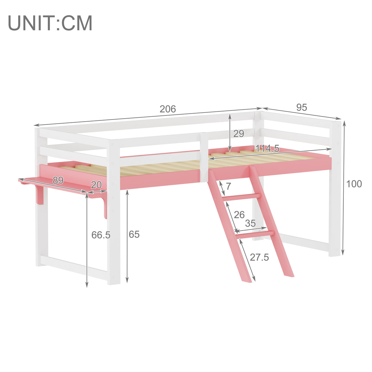 Children's Loft Bed 90x200cm with Ladder, White-Pink Solid Pine