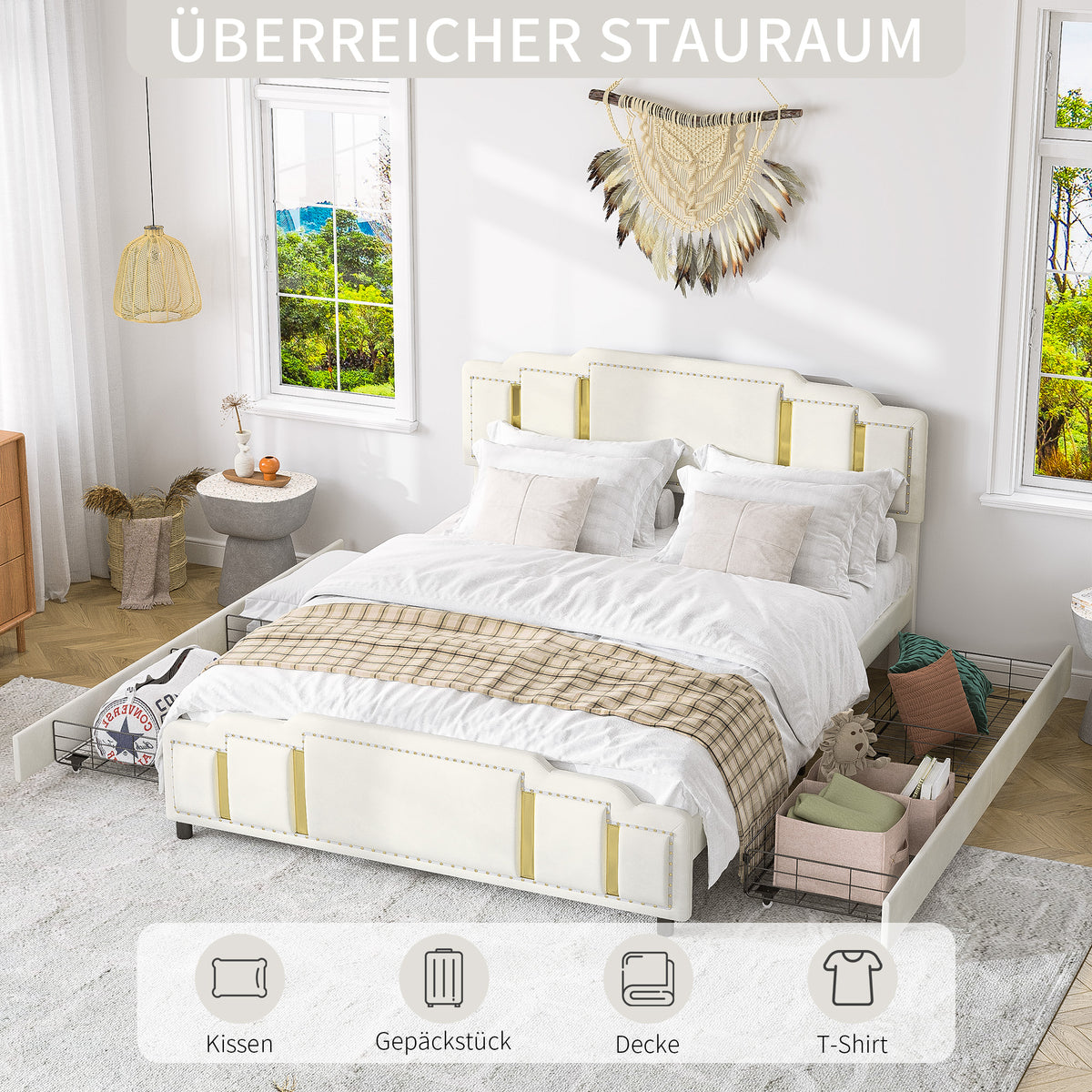 Double Bed 160x200cm with USB, LED & 4 Drawers, Dark Gray Linen
