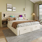 Bedroom Set, Upholstered Double Bed with 2 Nightstands & 4 Drawers, USB Reading Light, Beige Velvet