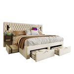 Bedroom Set, Upholstered Double Bed with 2 Nightstands & 4 Drawers, USB Reading Light, Beige Velvet