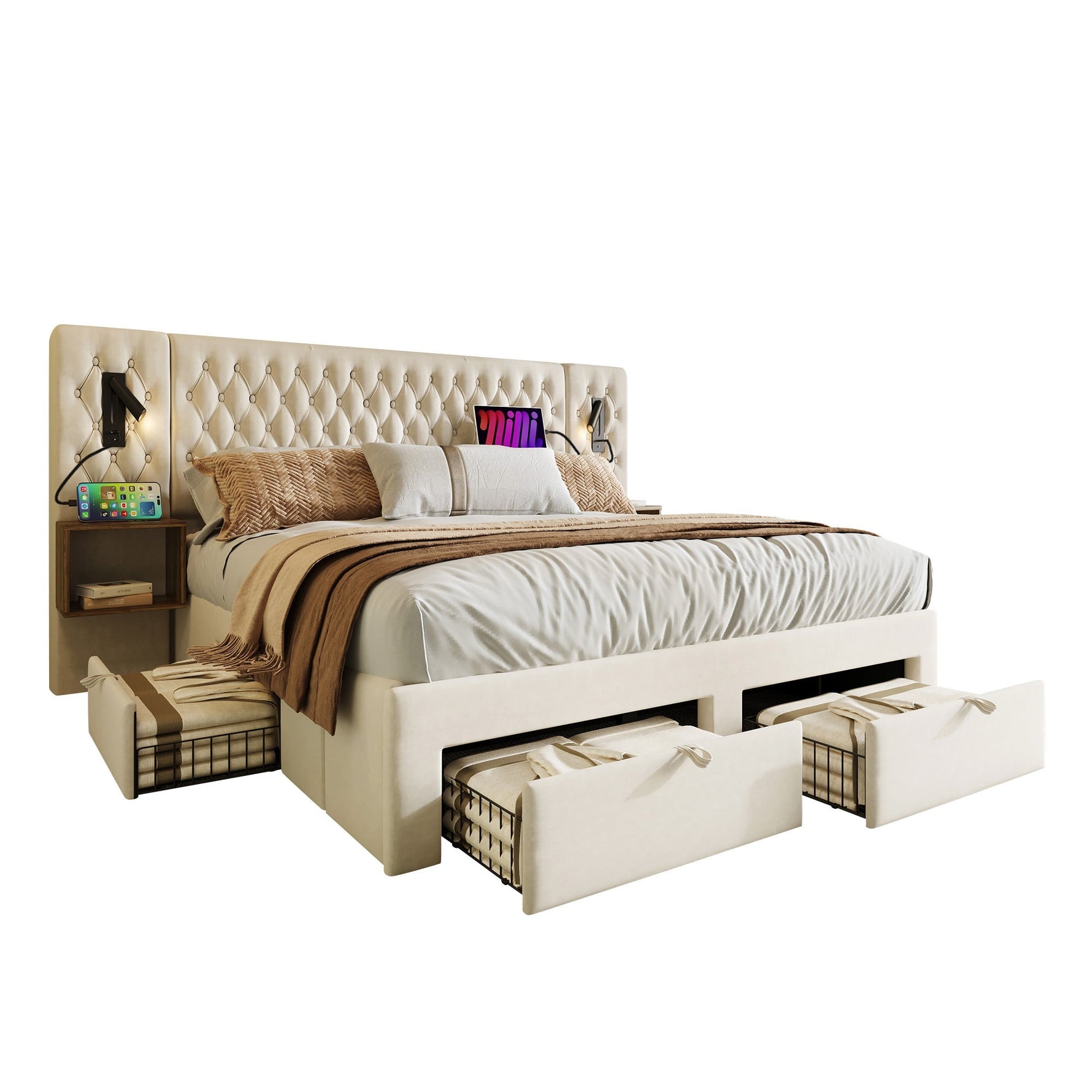 Bedroom Set, Upholstered Double Bed with 2 Nightstands & 4 Drawers, USB Reading Light, Beige Velvet