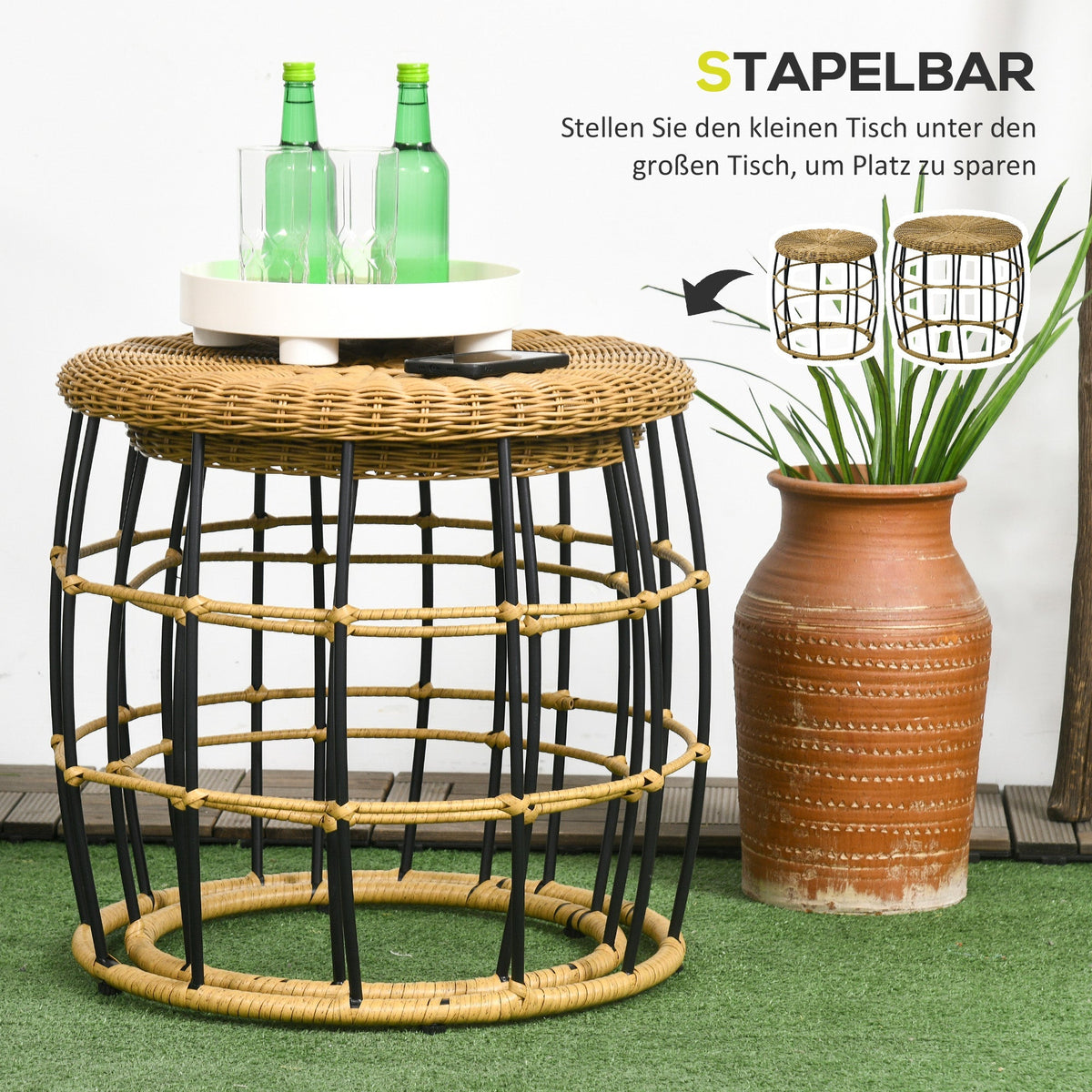 Rattan Side Table Set of 2 Stackable Coffee Table, Khaki
