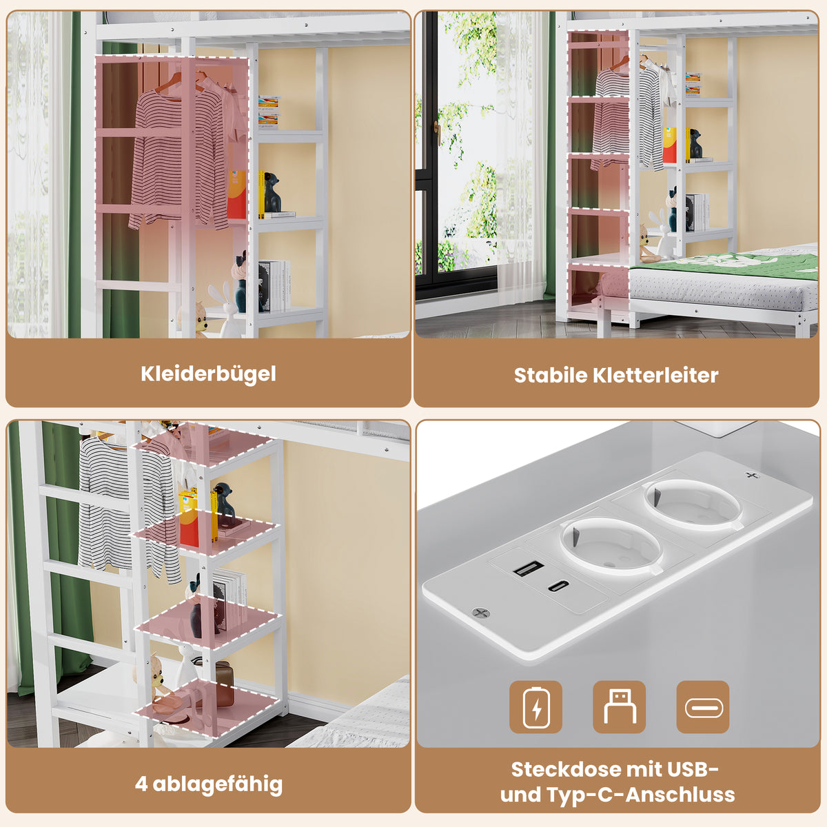 Bunk Bed 90x200cm with Desk & Shelves, White Metal