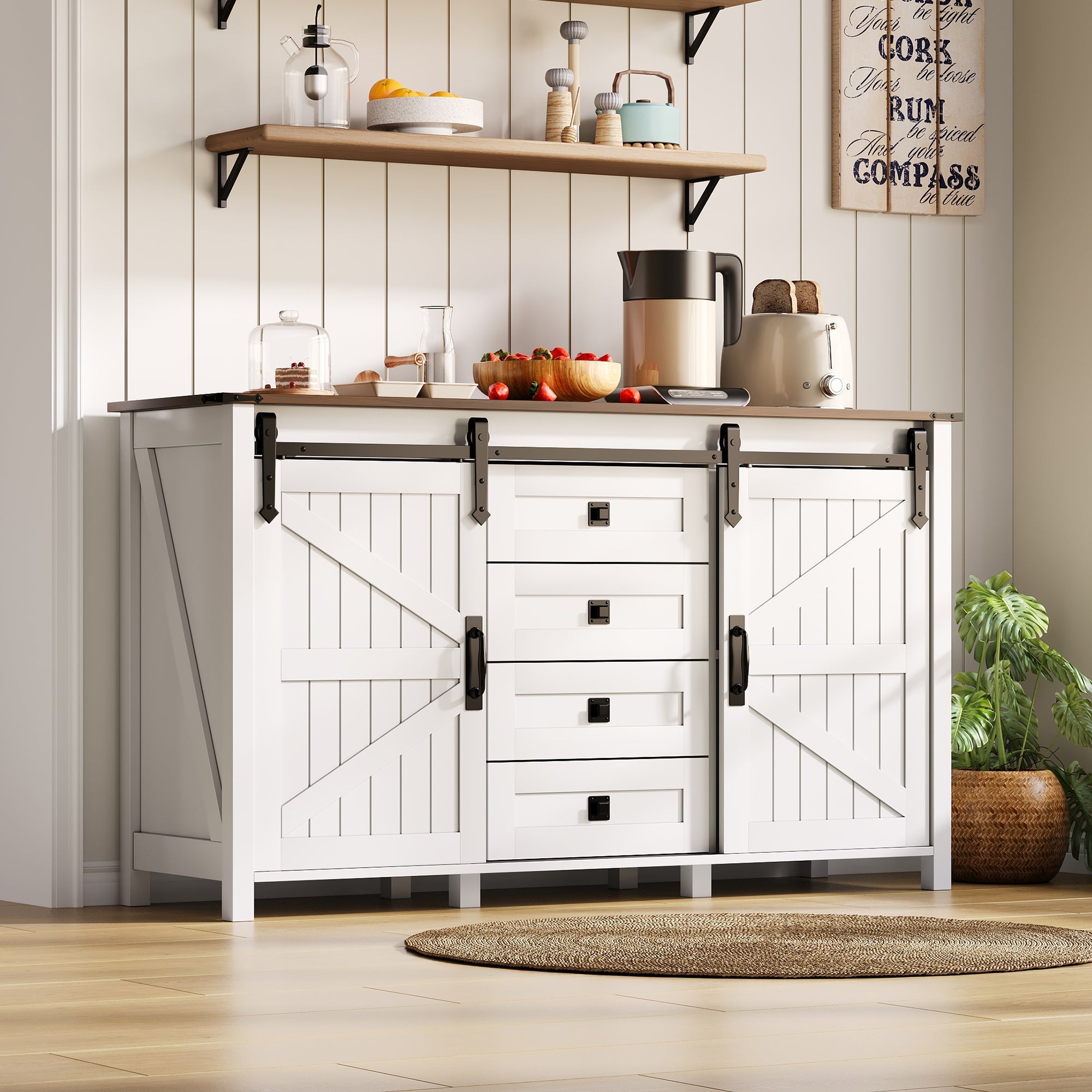 Sideboard 137cm Sliding Doors 4 Drawers Vintage Storage - White