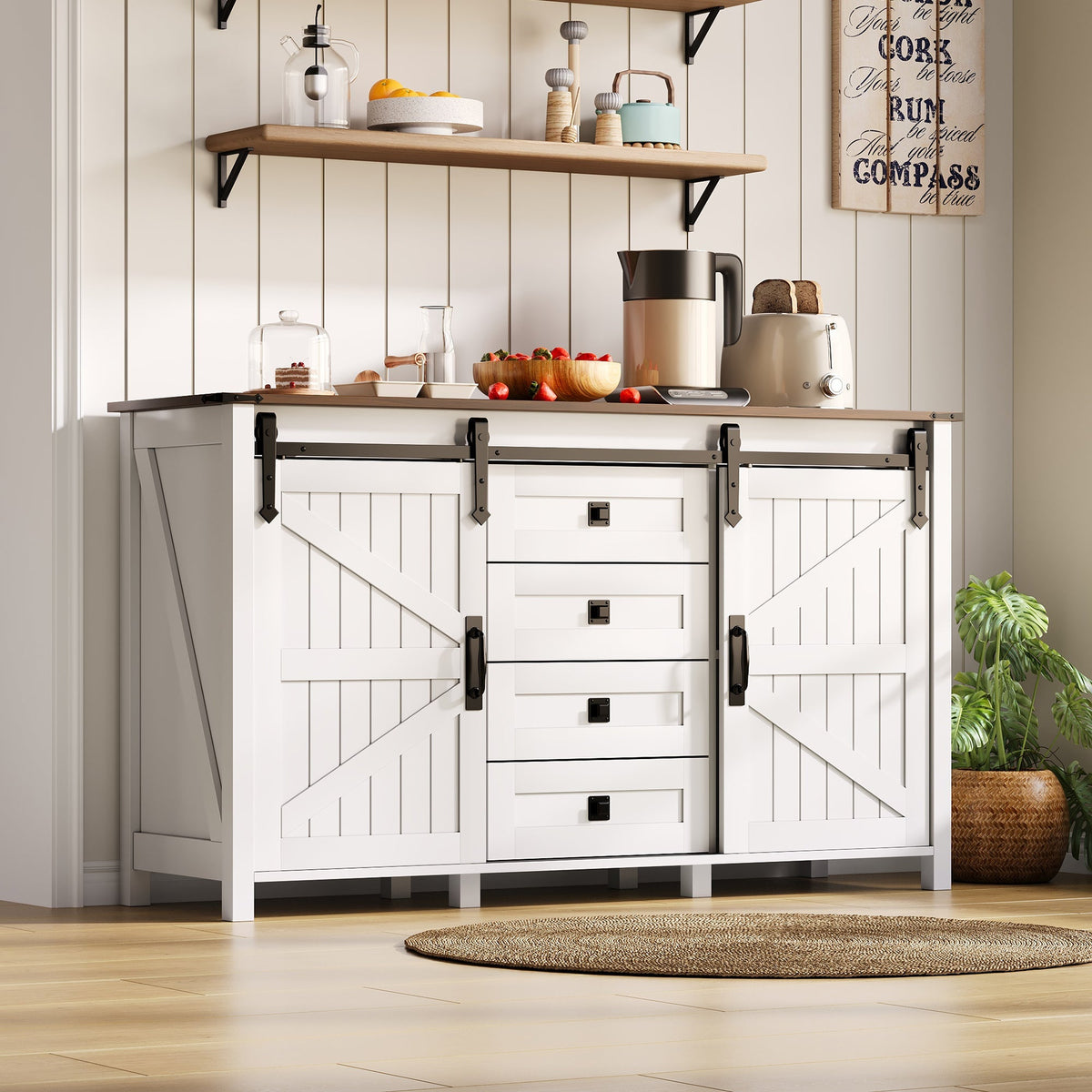 Sideboard 137cm Sliding Doors 4 Drawers Vintage Storage - White