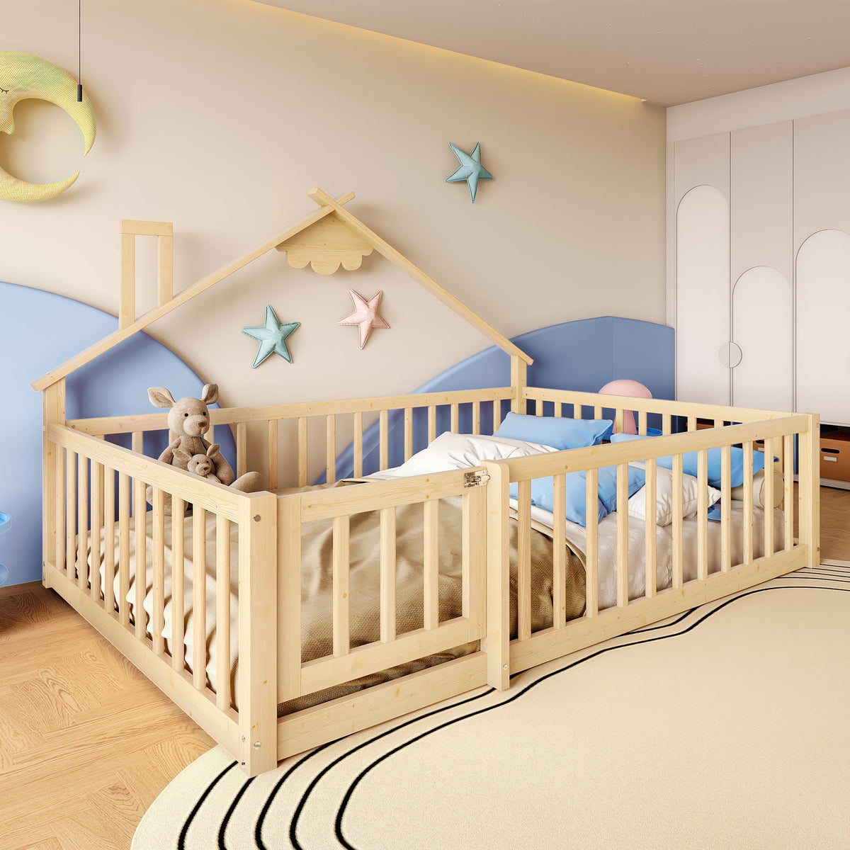 Flatbed 140x190cm House Rail with Lock - Pine Wood Natural
