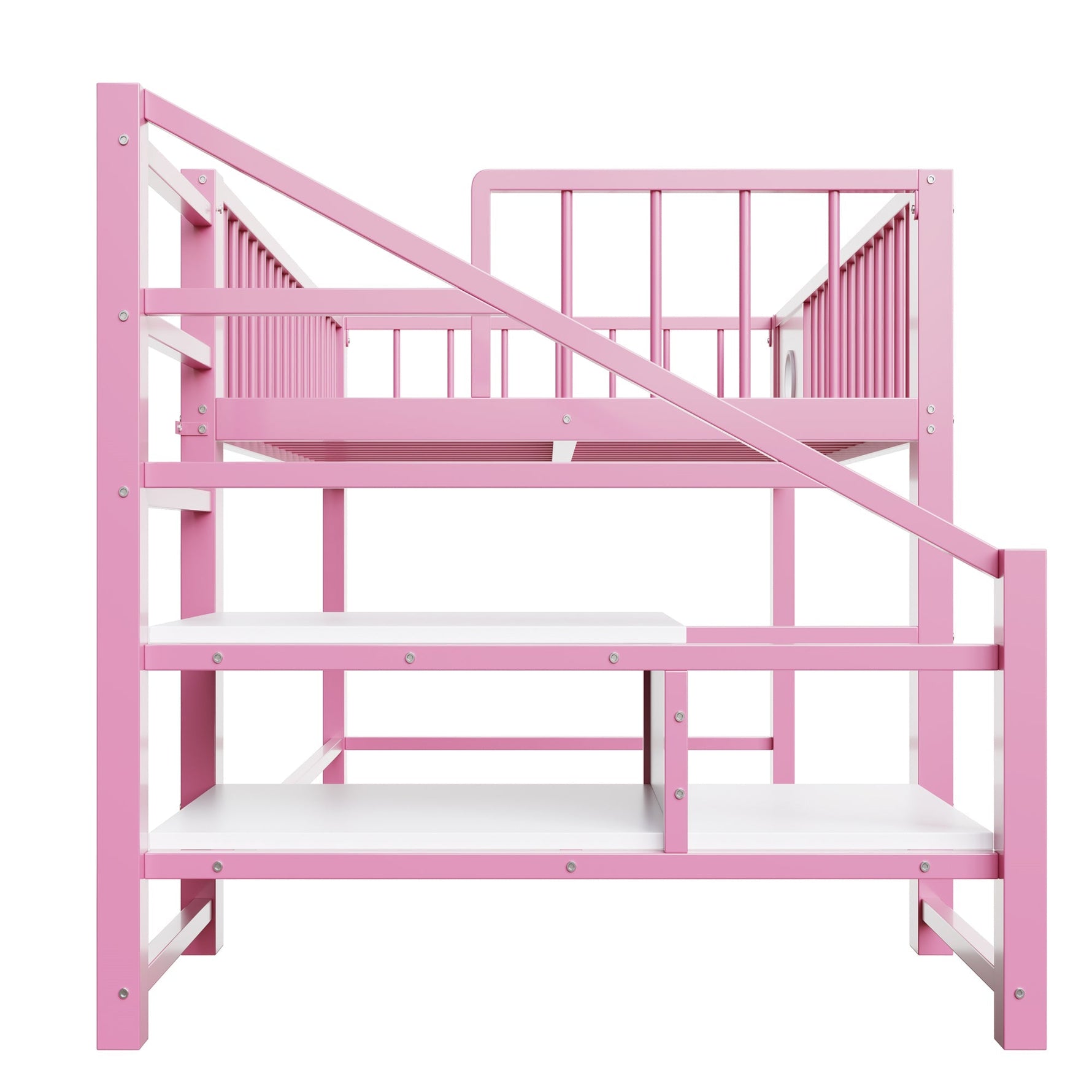 Low Loft Bed for Children with Storage Ladder and Metal Frame, 90x200cm, Pink Metal