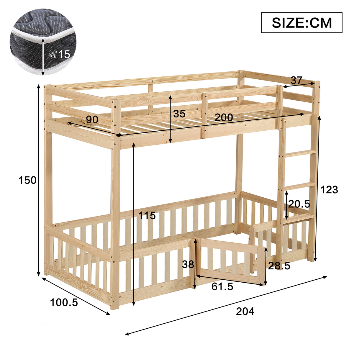 Wooden Bunk Bed 90x200cm with Stairs & Railing, Natural Pine Wood