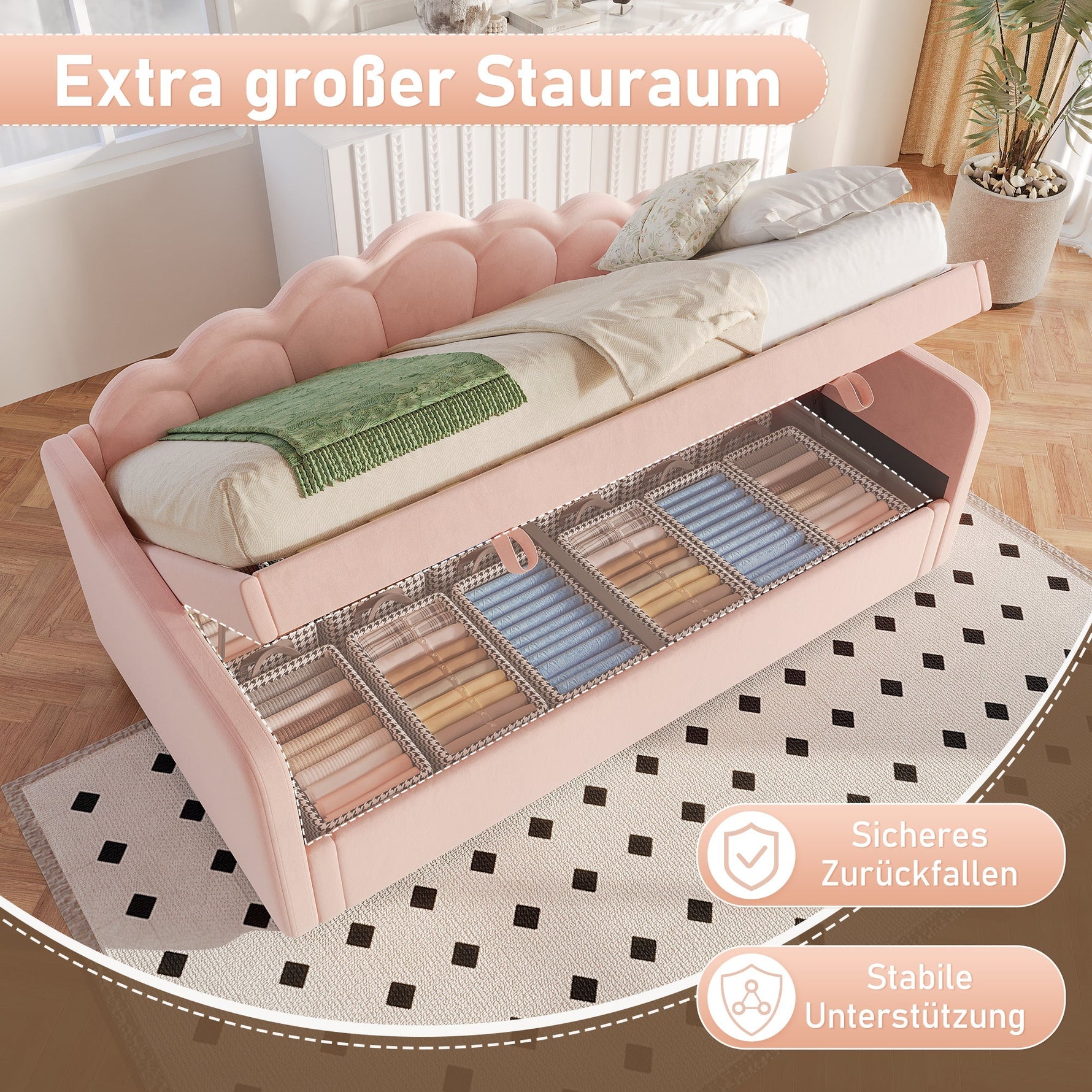 Daybed Sofa Bed 90x200cm Hydraulic Storage LED - Velvet Pink