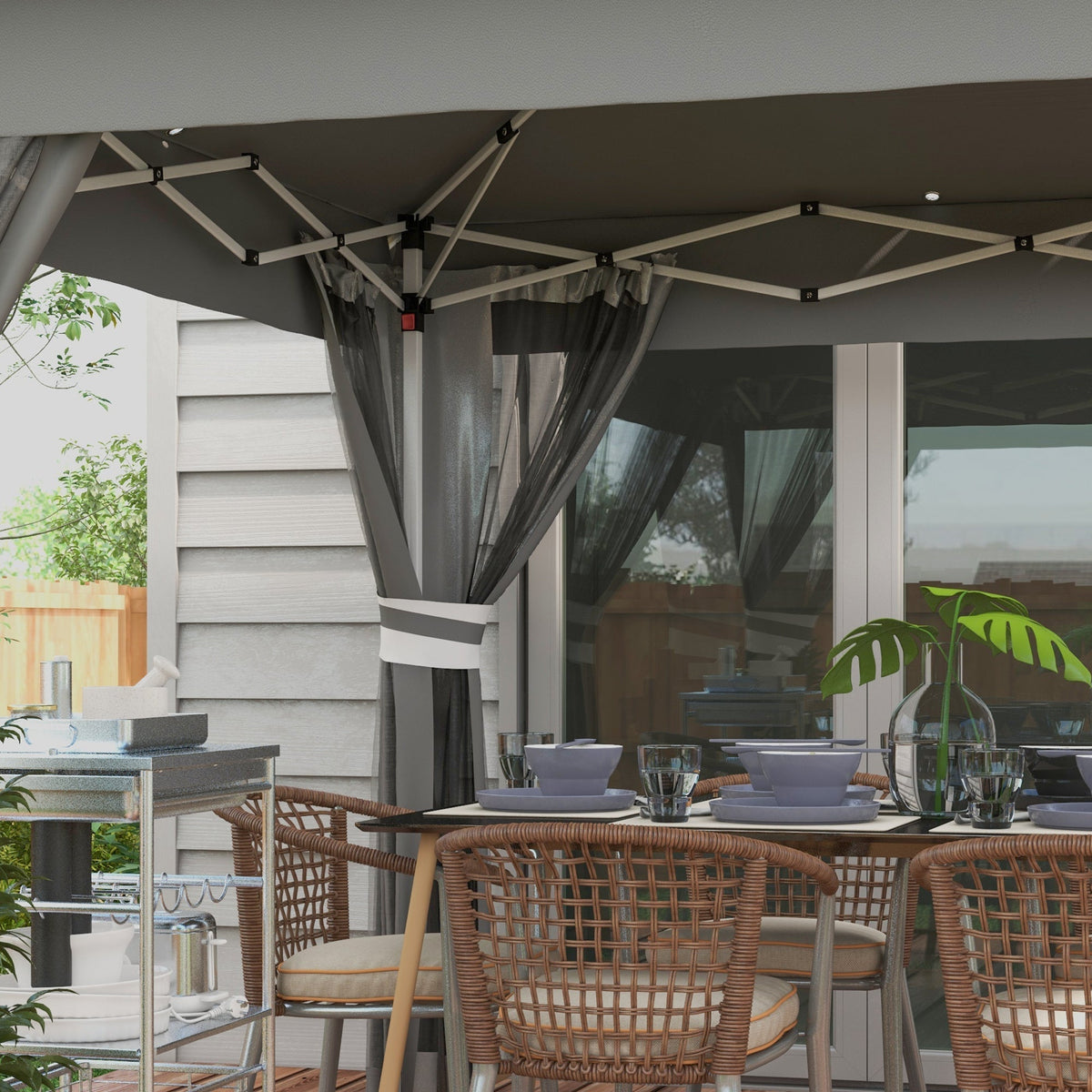 Folding Pavilion 3x3m LED Lighting Double Roof Net Curtains Dark Grey