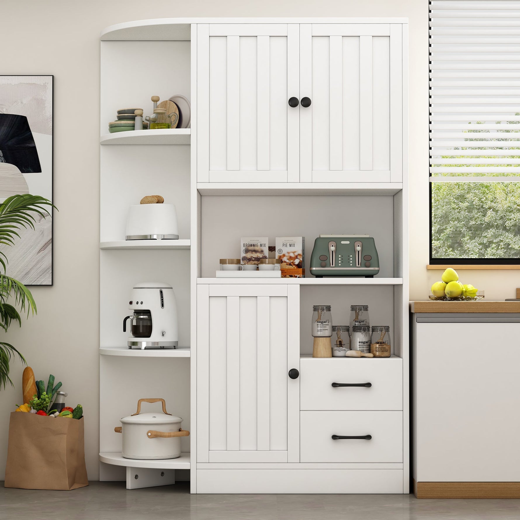 Corner Wardrobe Display Cabinet, 3 Cabinets 2 Drawers, 14 Storage Areas, 104x35x155cm, White