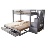 Bunk Bed with Pull-out Bed, Storage Ladder and Drawers, 90x200cm, Grey Wood