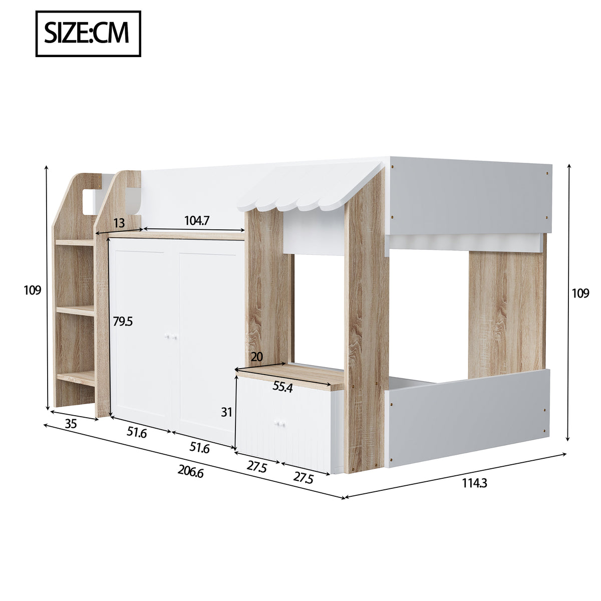 Children's House Bed 90x200cm with Storage & Ladder, Solid Wood