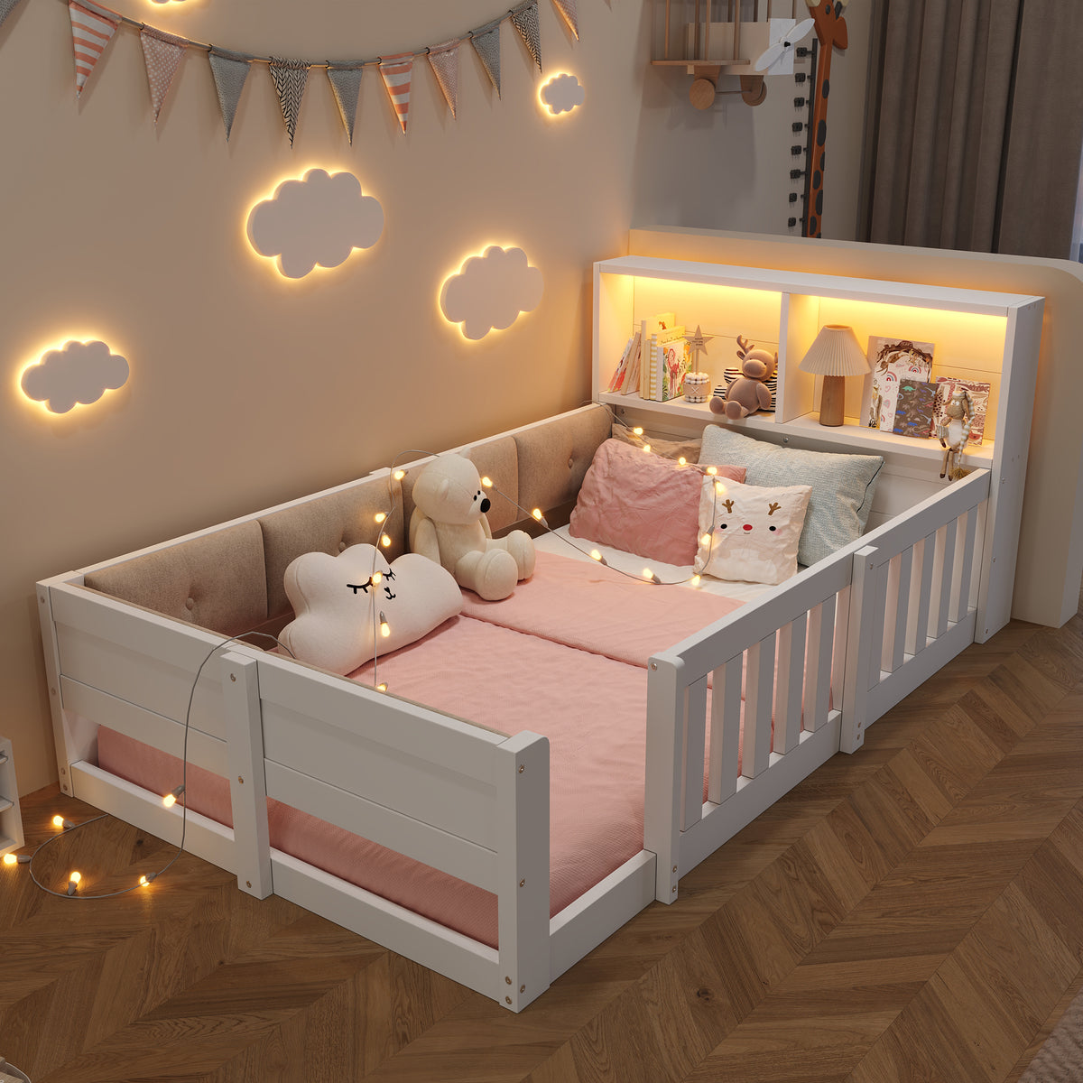 Flatbed Kids Bed 90x200cm with LED Light & Railings, White