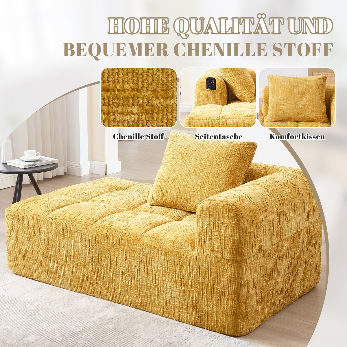Chaise Longue Sofa, Soft with Side Pockets, No Assembly, Yellow