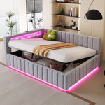 Upholstered Bed/Sofa Bed 140x200 Hydraulic Storage LED/USB Light Grey Velvet Fabric