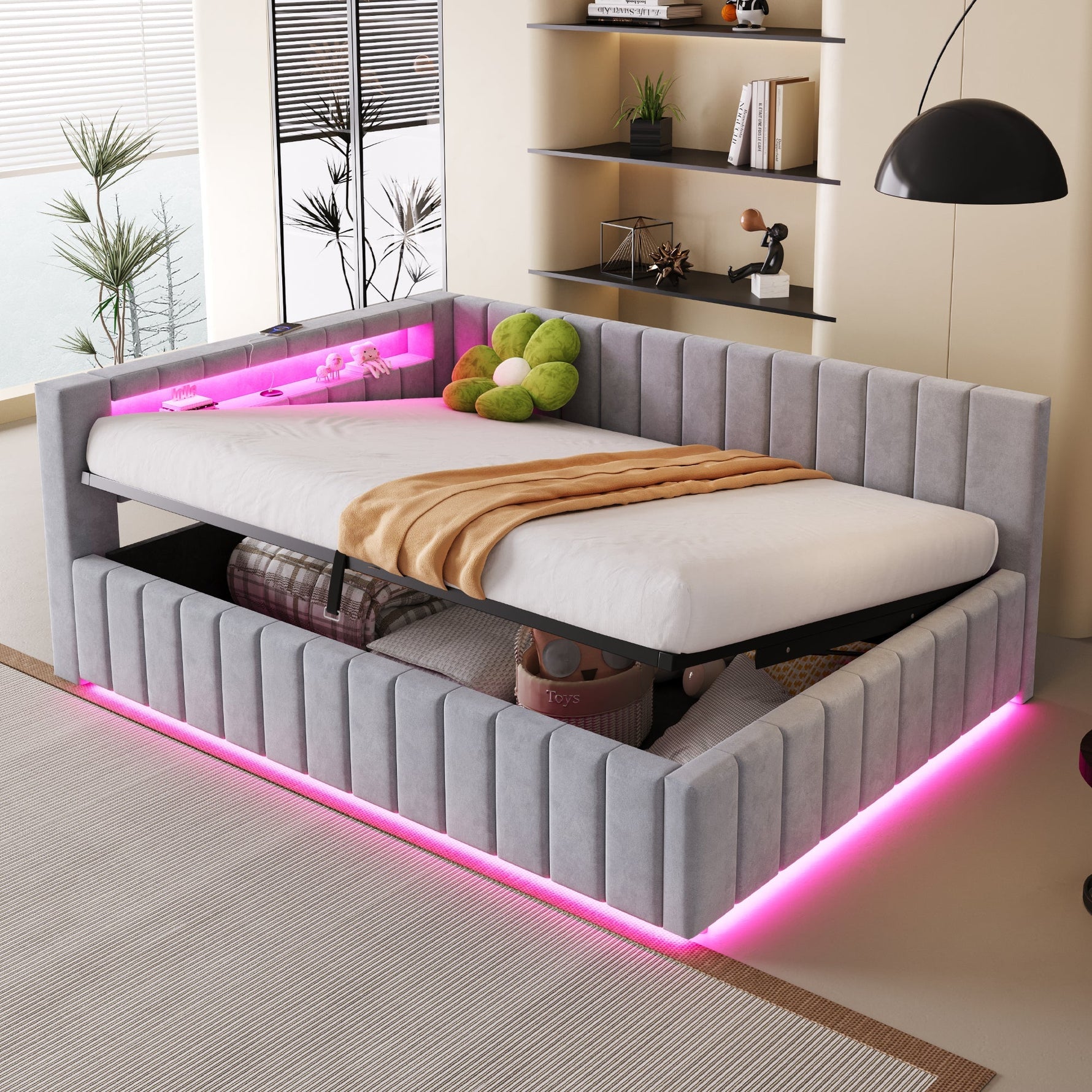 Upholstered Bed/Sofa Bed 140x200 Hydraulic Storage LED/USB Light Grey Velvet Fabric