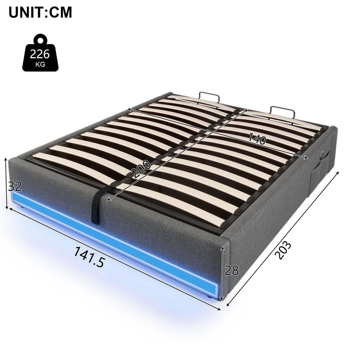 Upholstered Bed 140x200cm Hydraulic Storage LED USB/Type-C Pockets No Headboard - Grey
