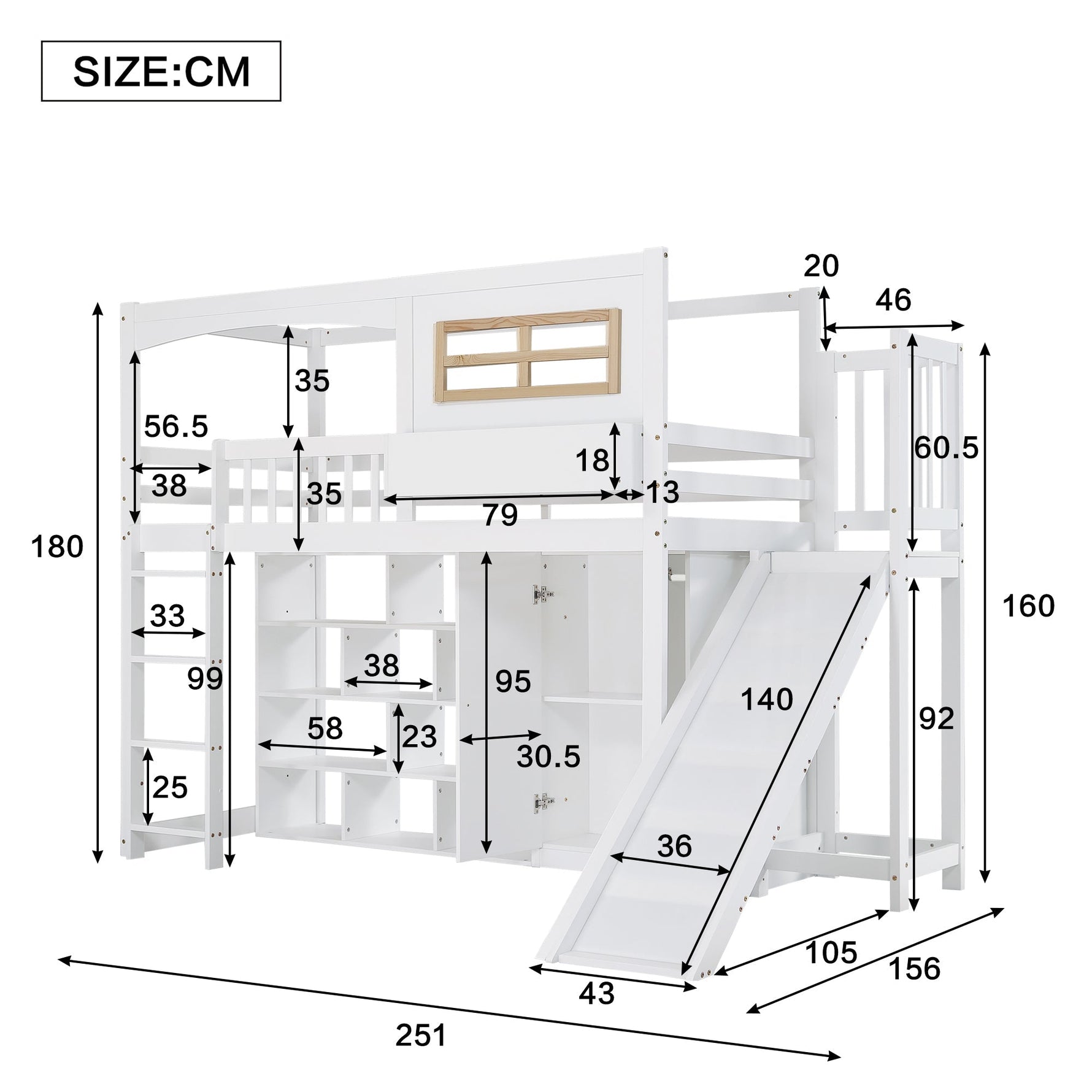 Bunk Bed Children's Slide Wardrobe Storage 90x200cm, Pine/White