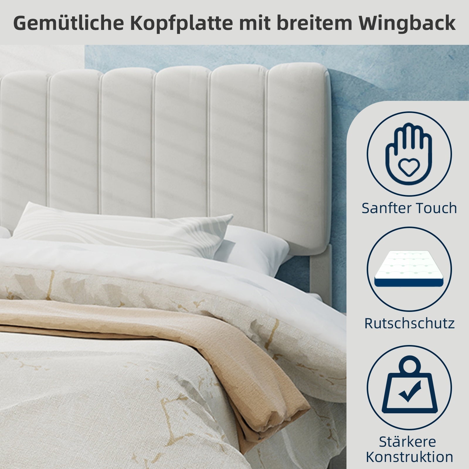 Upholstered Bed, Minimalist Plush Headboard 140x200cm, Beige