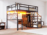 Metal Loft Bed with Storage Ladder, Wardrobe, Table, Shelf and LED, 140x200cm, Black Metal