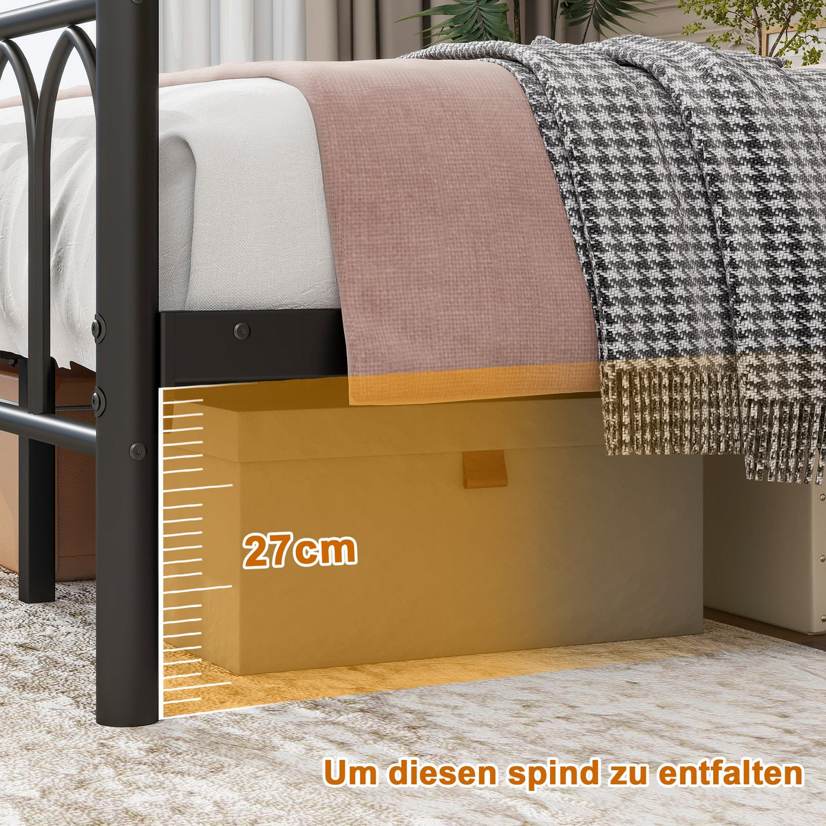Metal Bed Frame with Vintage Headboard, Footboard, USB & LED, Black