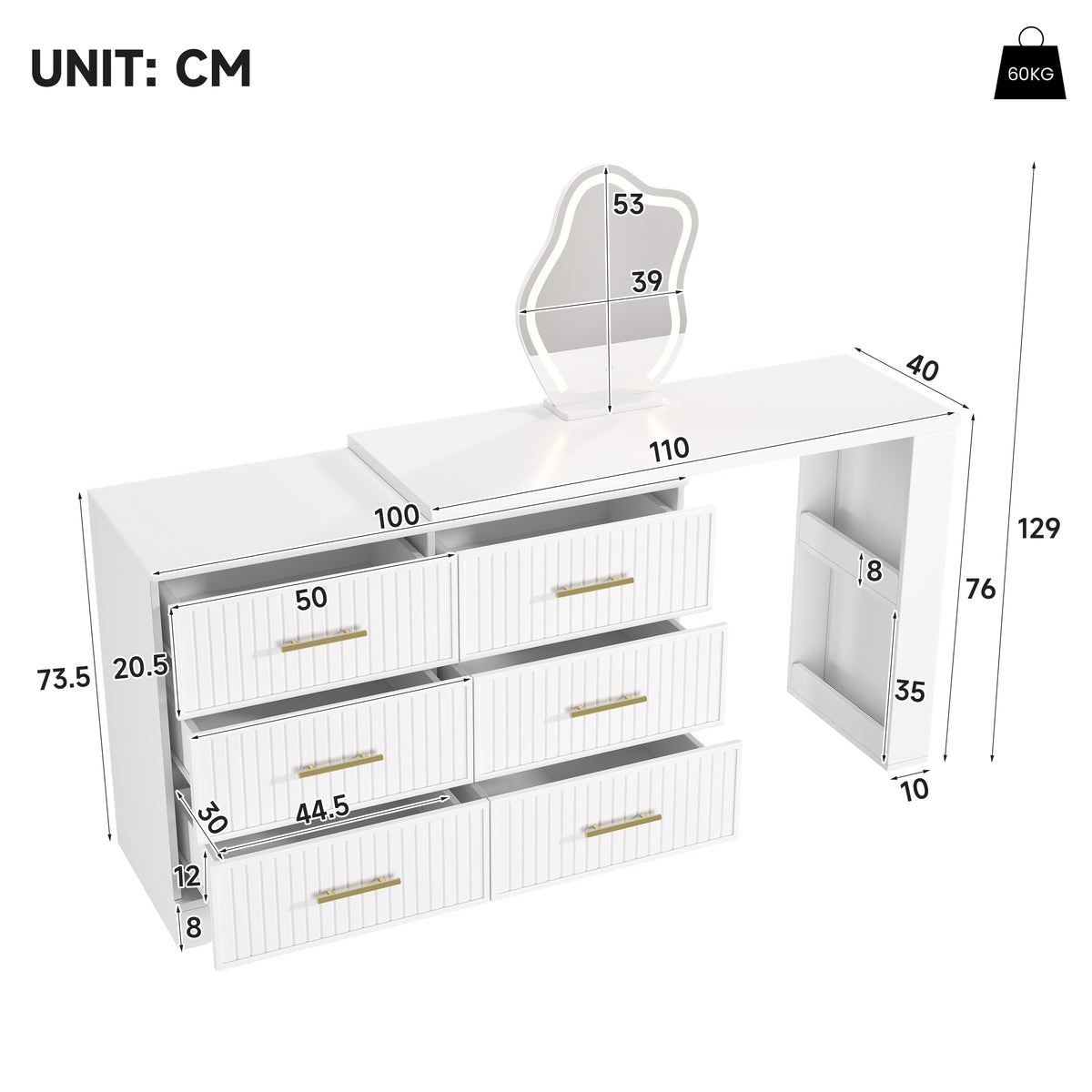 Rotating Dressing Table with LED Lighting, 110x40x129 cm, White