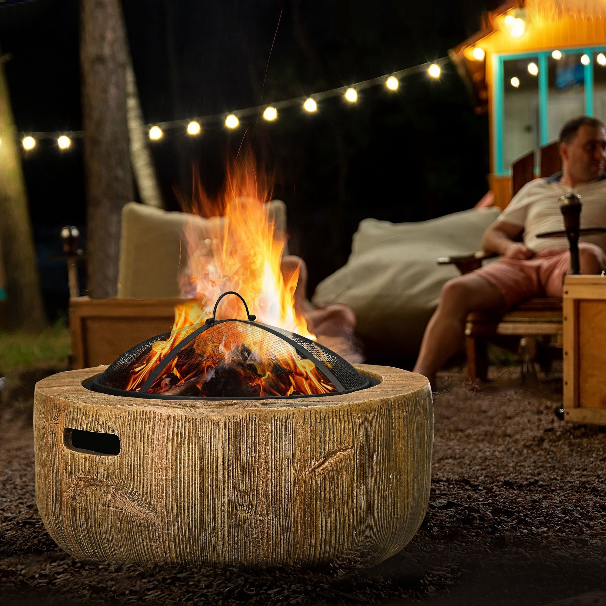 Fire Bowl Fire Pit, Lid & Poker, Tree Stump Design, Steel MgO Brown