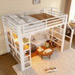 Loft Bed 140x200cm with LED & Storage, White Iron Frame