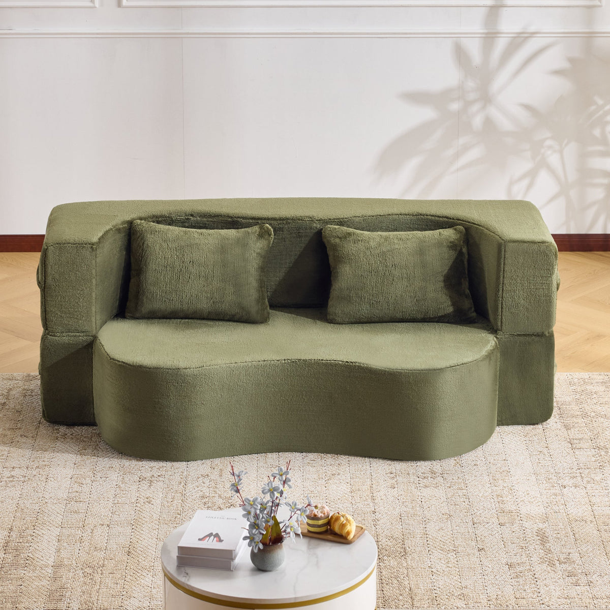 Large Dual-Purpose Futon Sleeper Sofa, Assembly-Free and Foldable Floor-Standing Couch, Green