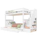 Bunk Bed with Stair Shelf and Two Storage Drawers, 90x200cm, White Pine Wood and MDF