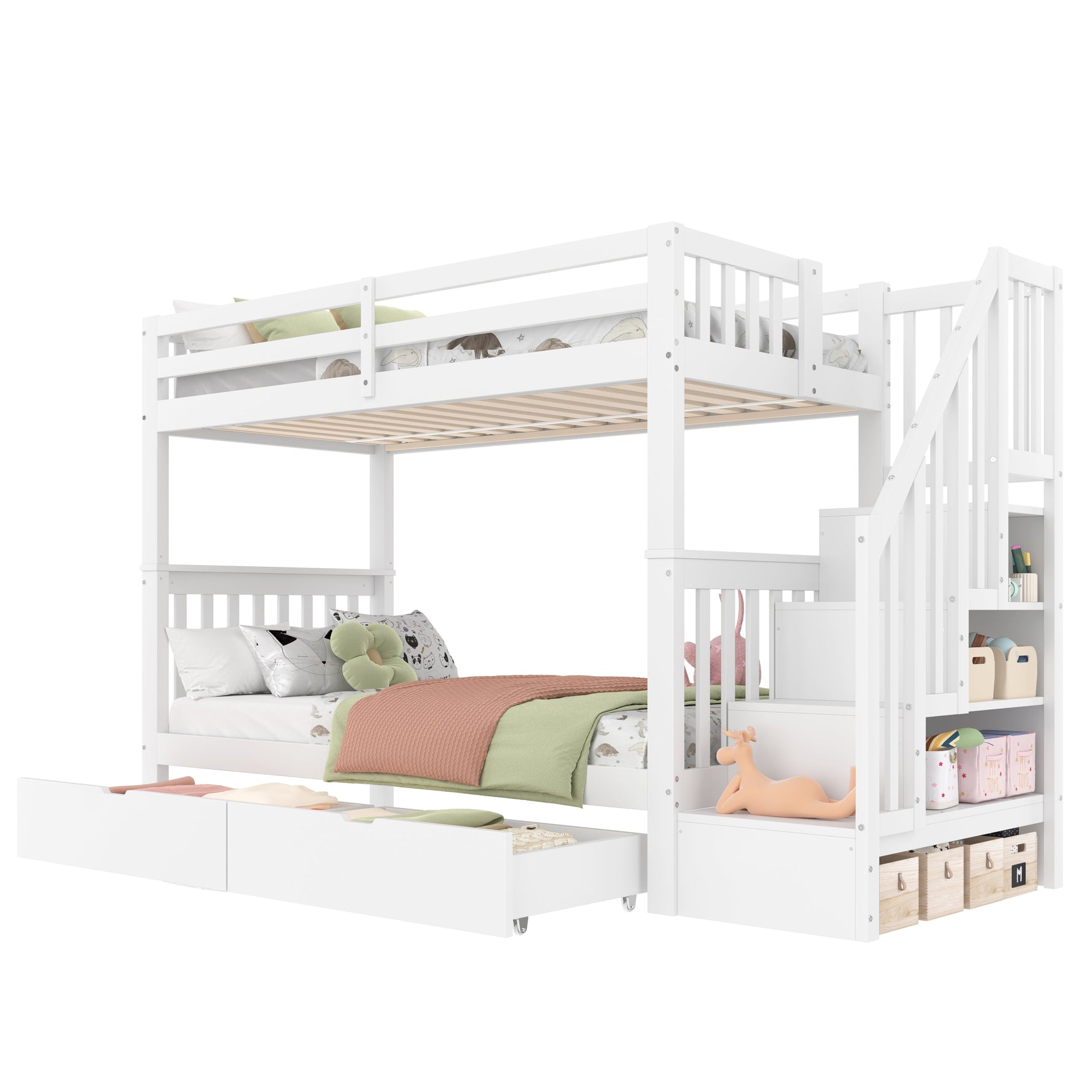 Bunk Bed with Stair Shelf and Two Storage Drawers, 90x200cm, White Pine Wood and MDF